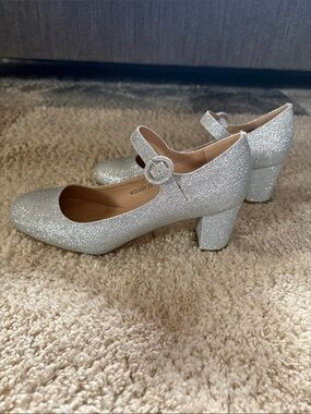 IDIFU Silver Glitter Mary Jane Block Heel Pumps